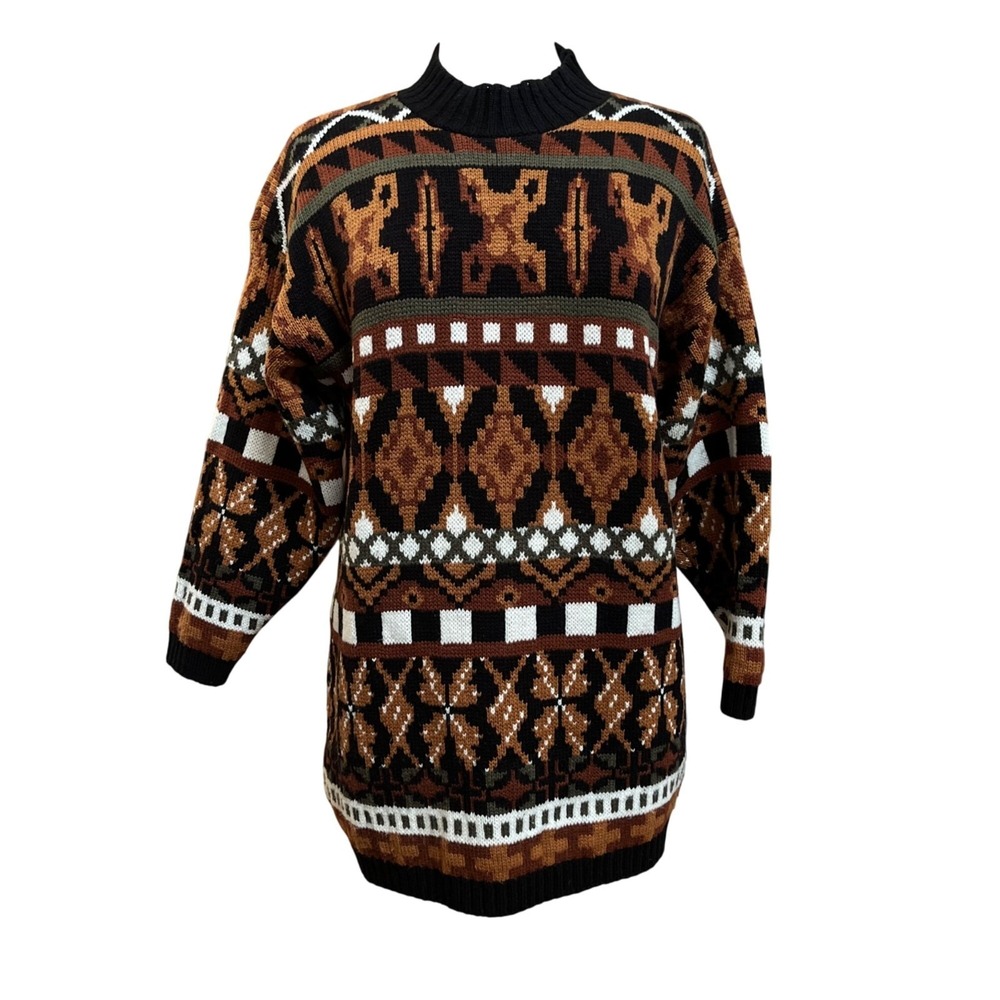 Vtg 90's Cut 4 U Geometric Pattern Knit Sweater Tunic Acrylic Brown Green OSFM